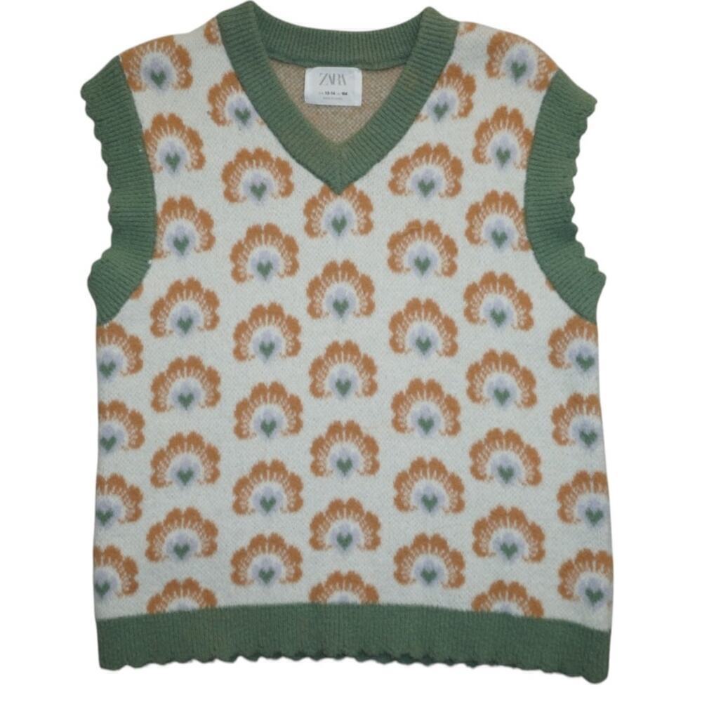 ZARA Kids Retro Floral Knit Sweater Vest Size 13-14 (164 cm) Green Orange Y2K
